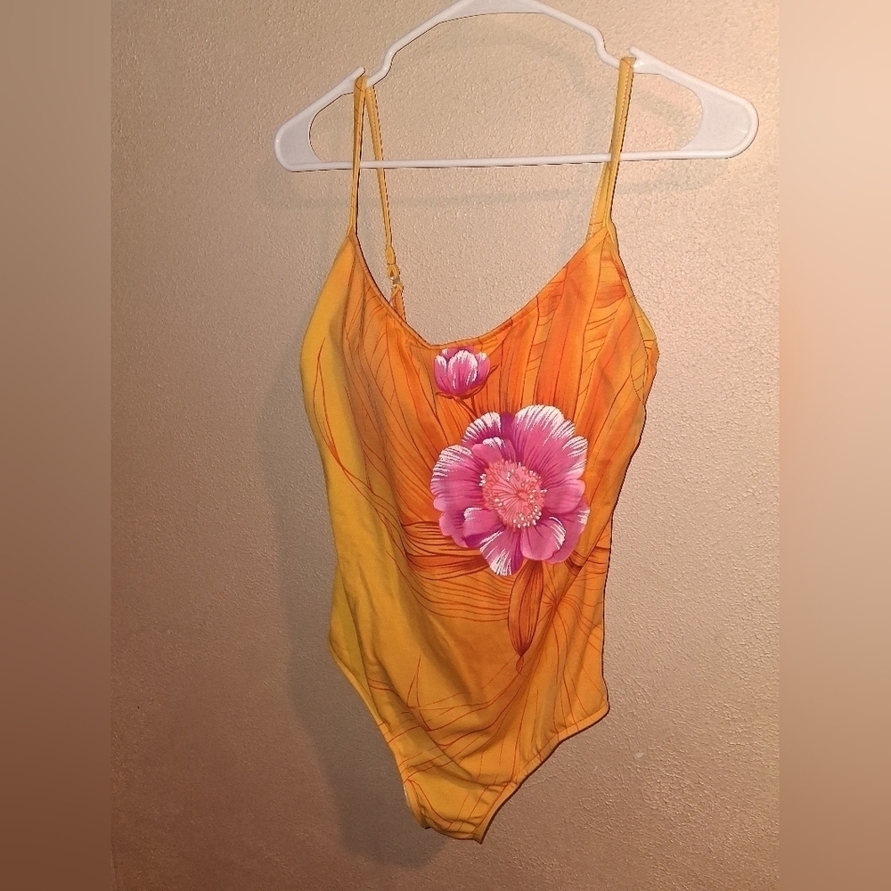 Carol Wior Sunset floral one piece Orange Pink swimsuit, size 14